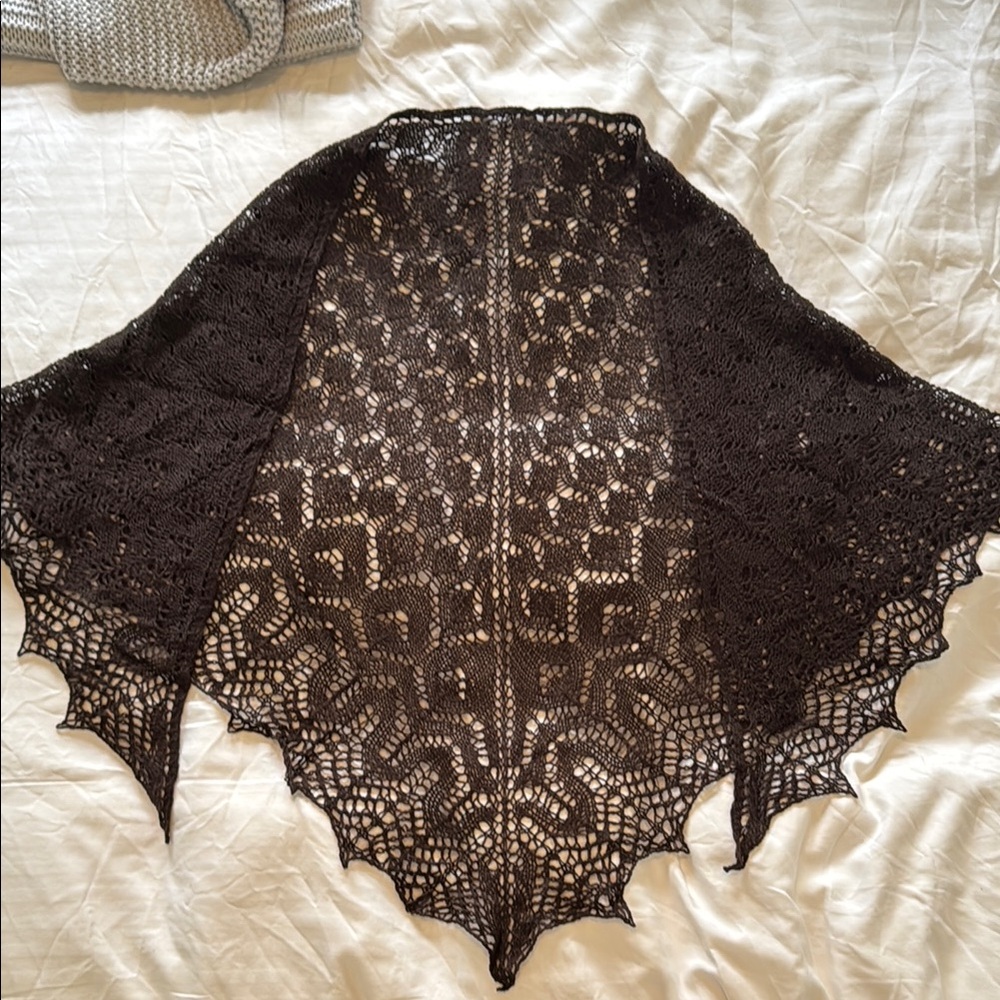 Hand Made Dark Brown Lace Knit Shawl Scarf